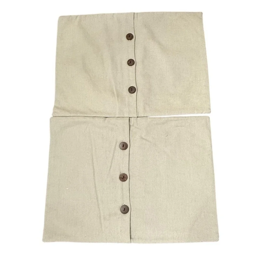 West Elm Throw Pillow Slip Covers Beige Embroidered Wooden Buttons 12x16 Inch‎